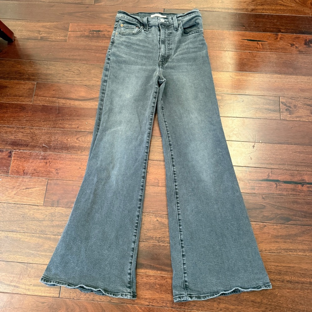 Levis Ribcage Bell Jeans 28 Black Charcoal High Rise Flare Bell Bottom Stretch